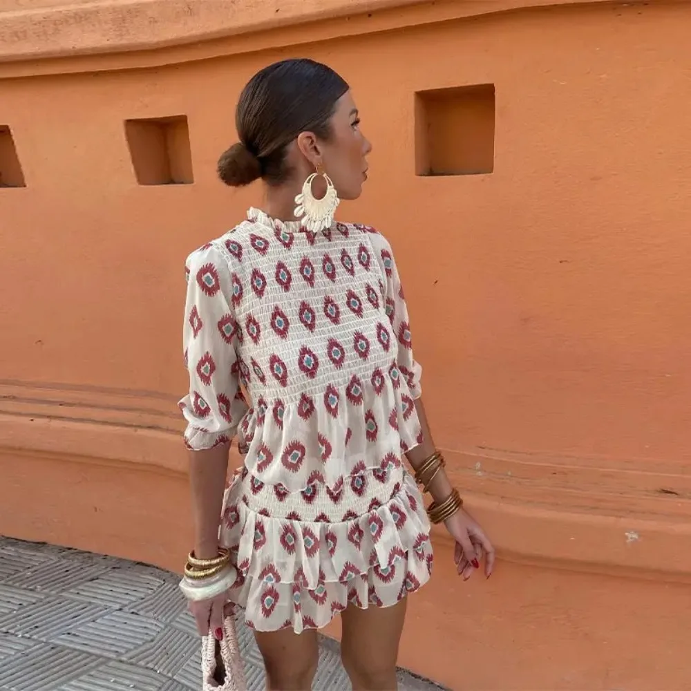 2024 Fashion Slim Ruffles Print Mini Skirt Suit Women Round Neck Half Sleeves 2 Pieces Sets Spring Summer Casual Vacation Outfit