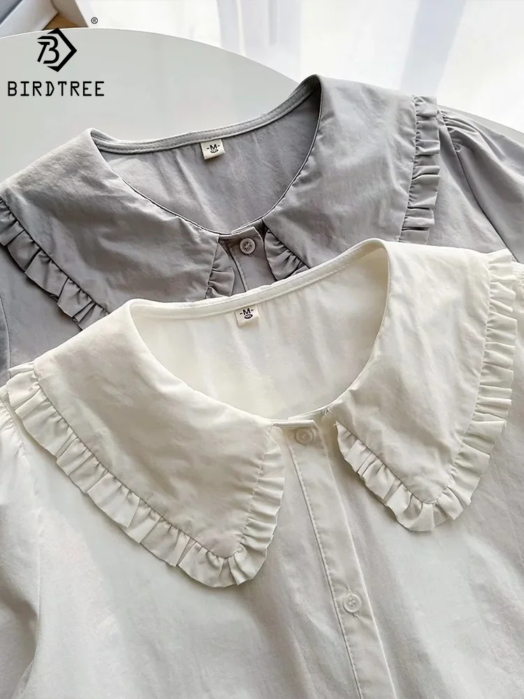 Birdtree White Ruffled Doll Collar Cotton White Shirts Long-sleeved Spring New Design European Clothes Tops Fall T32605Z