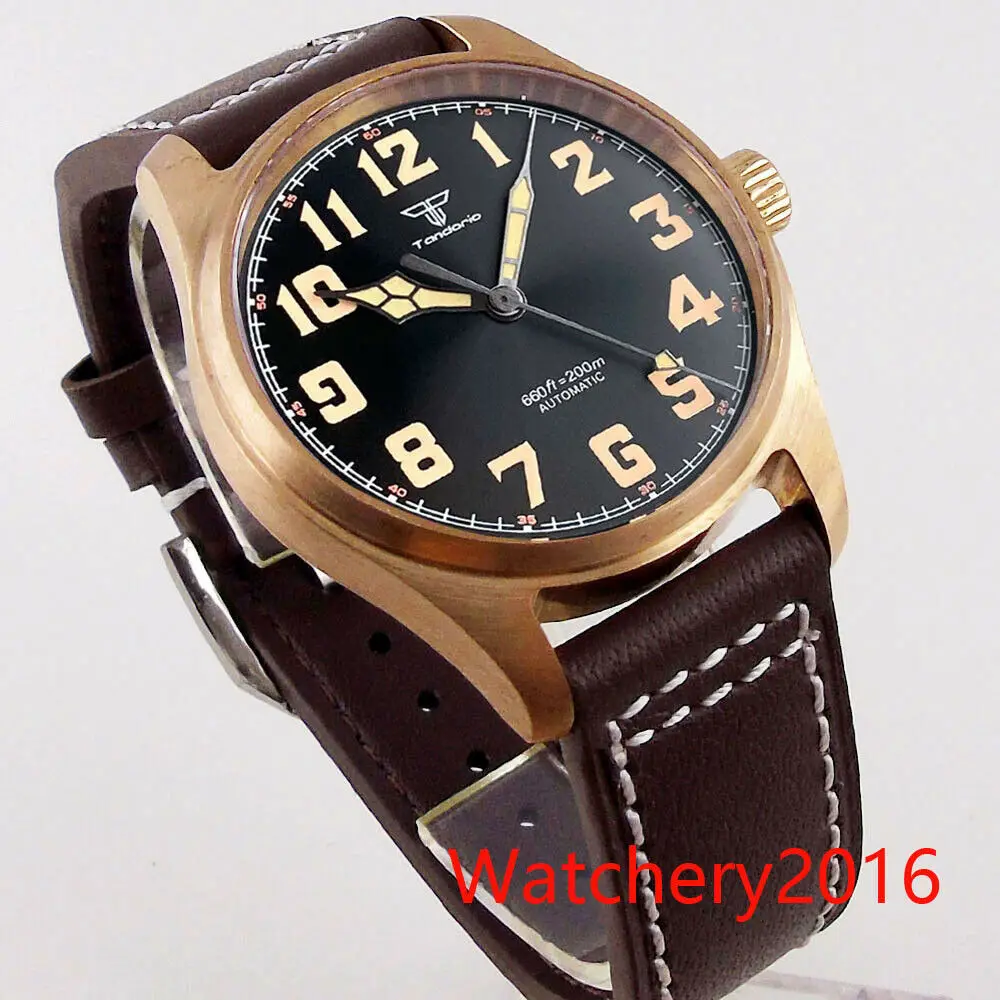 CUSN8 Brons Case 39Mm Tandorio NH35A PT5000 Beweging Automatische Model Heren Horloges Lederen Band Lichtgevende Handen