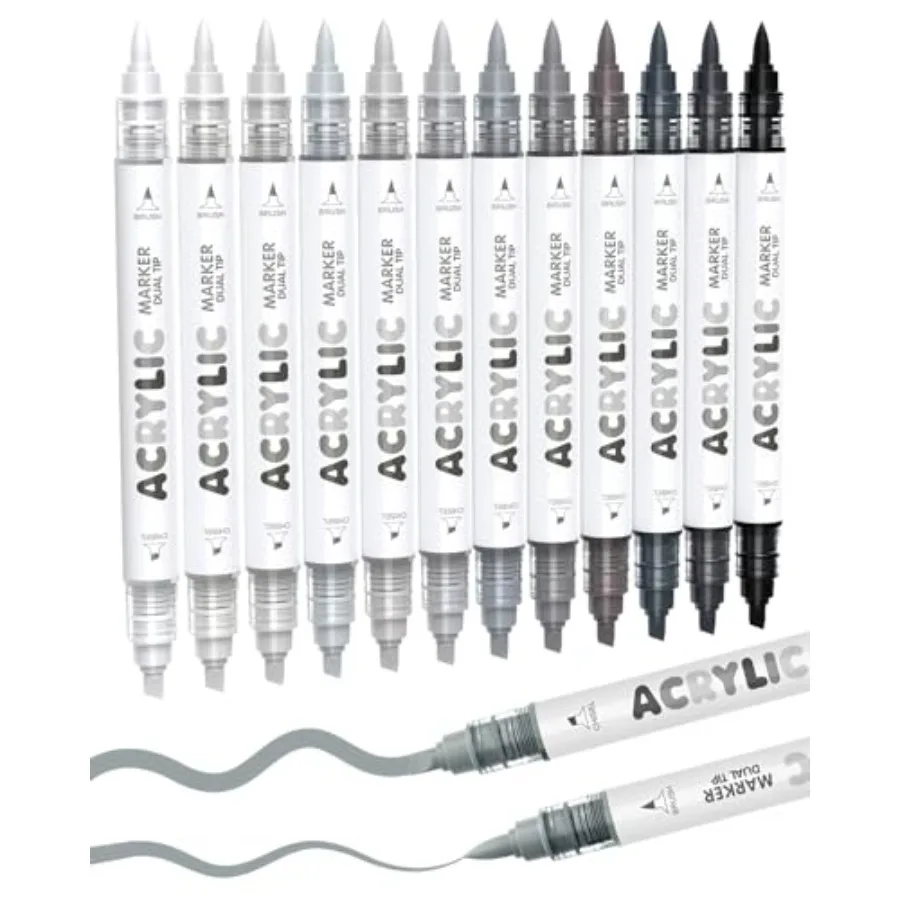 12 Dual Tip Acrylic Paint Markers, Brush Tip and Chisel Tip Acrylic Paint Pens for Rock, Wood, Glass, Paper, Coloring Book, Cer