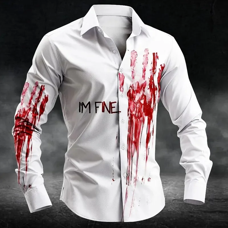 2026 Halloween Men's Letter Printed Blood Stains Shirt Button Up Shirt Long Sleeve Dark Punk Gothic Style Streetwear Men's Tops