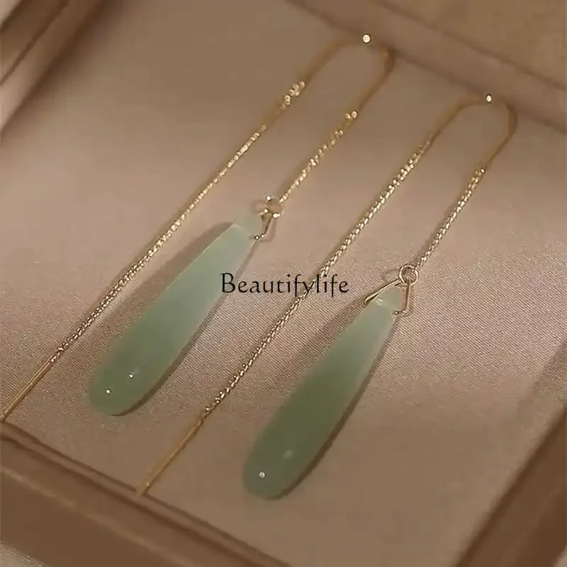 

Super immortal long Hetian jade water drop earrings, ancient style, high-end temperament, thin earrings