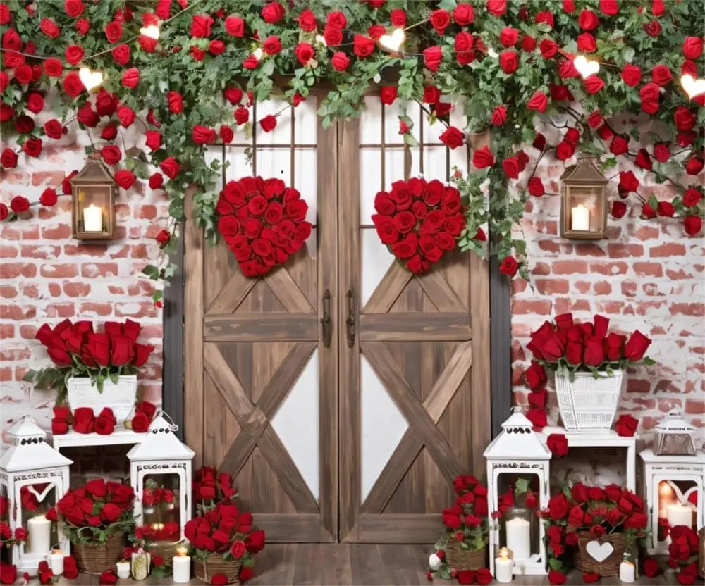 Feliz San Valentín flor rosa roja puerta de madera rústica pared de ladrillo despedida de soltera foto de boda fondo fotografía telón de fondo