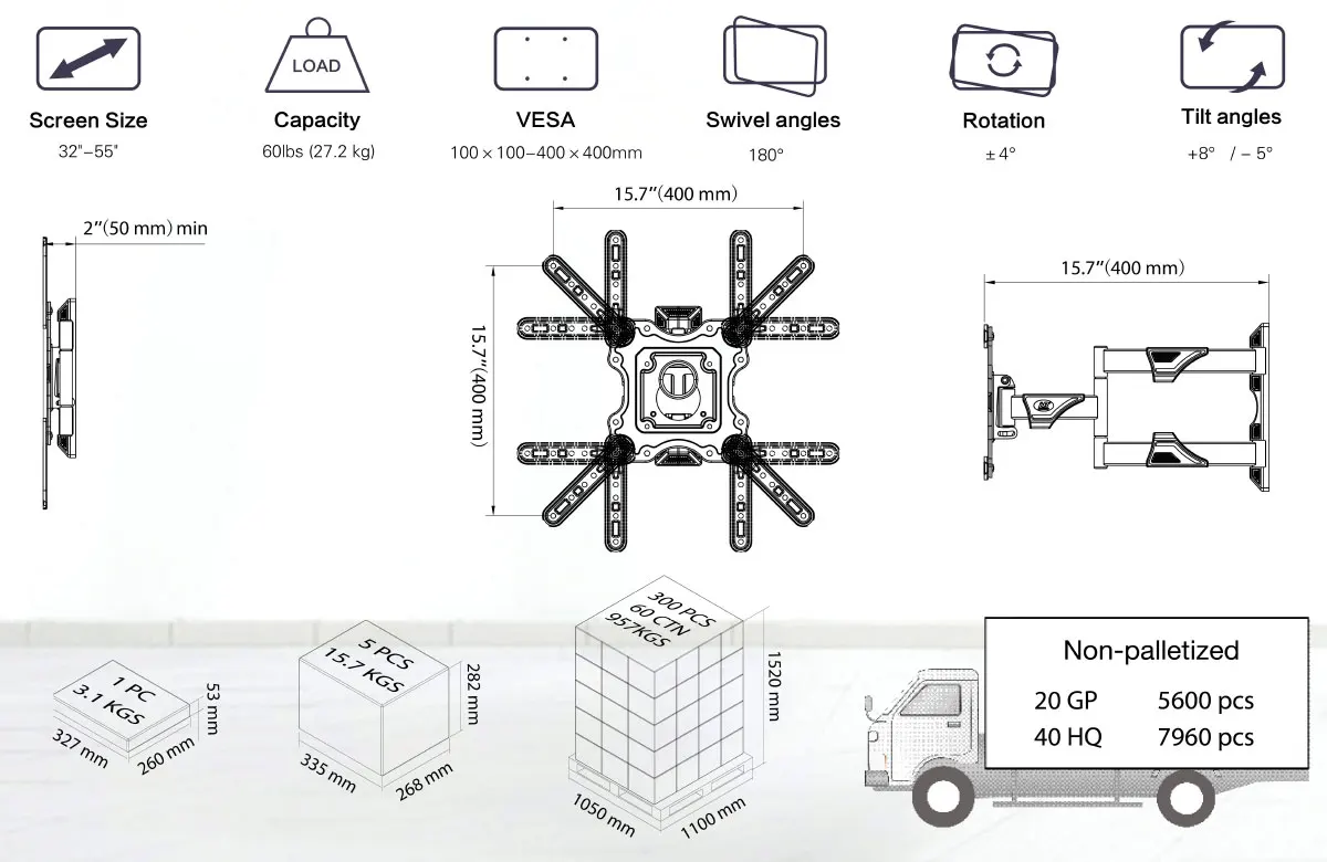 270° Swivel Movable TV Wall Mount 400x400 VESA Wall Support Bracket Stand Fit 50 Inch Flat