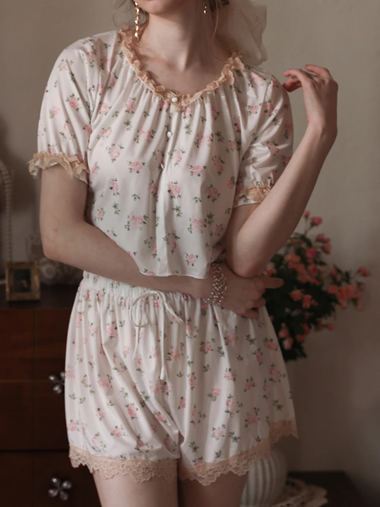 Summer Gilrs Two Pieces Short Sleeve Pajamas Thin Sweet Flower Elastic Waist Homewear Set Loose Soft Adjustable O-Neck With Bow