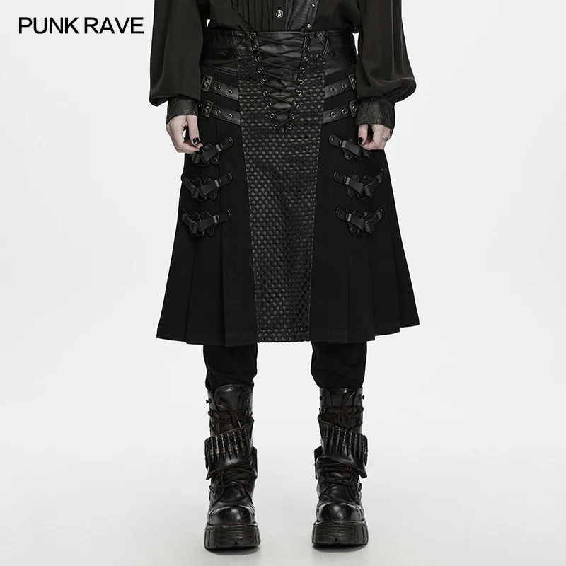 PUNK RAVE Men's Punk Heavy-duty Skirt 3d Rubber Buttons Vintage Pleated Silhouette Combined Hardcore Subcultural Bottoms