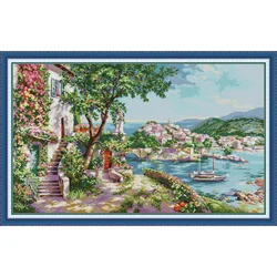 Joy Sunday Pre-printed Cross Stitch Kit  Easy Pattern Aida  Stamped Fabric Embroidery Set-Mediterranean Scenery