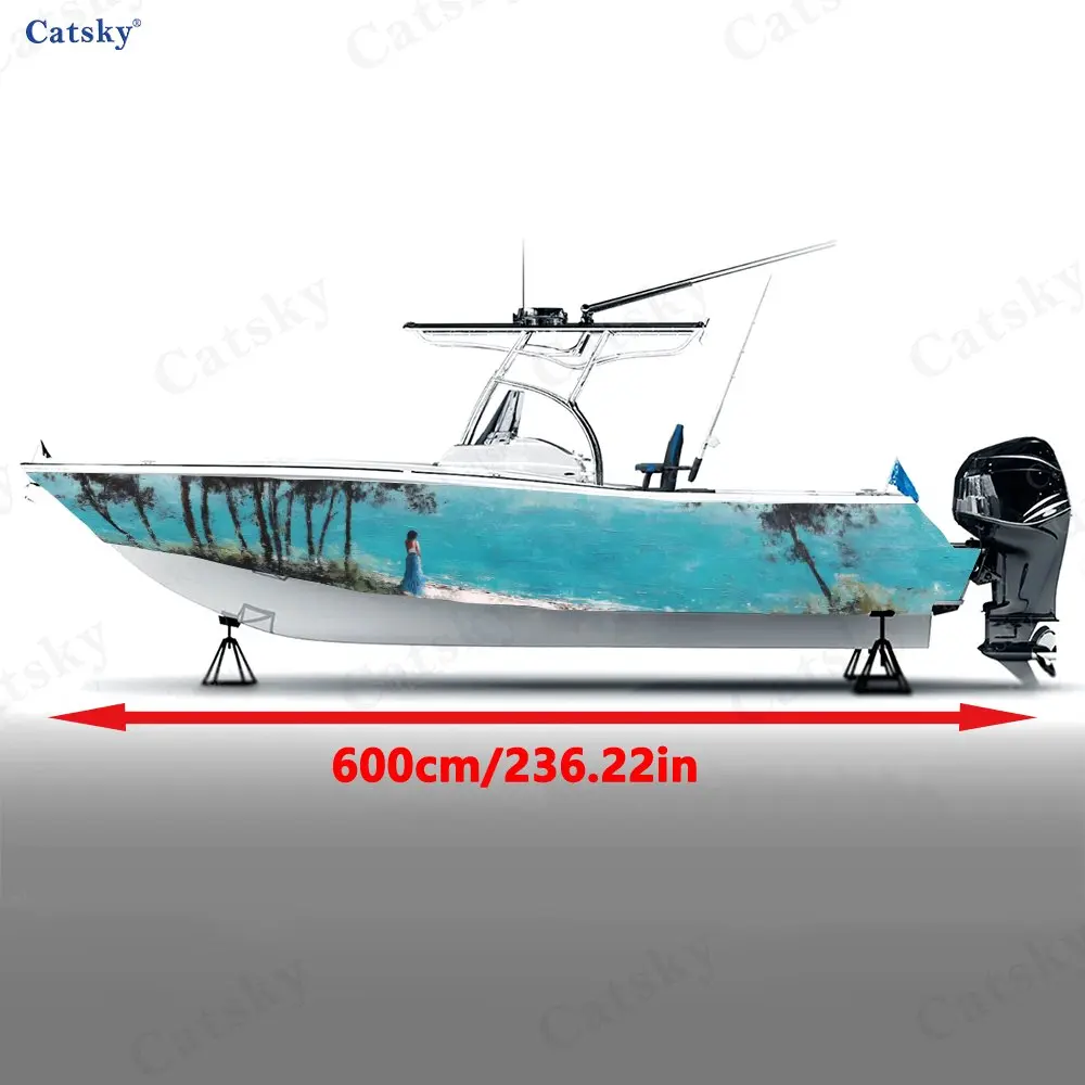 Beach Lonely Girl Waves Trees Boat Body Sticker PVC Material Boat Decoration & Protection Sticker Art Style Boat Body Decoration