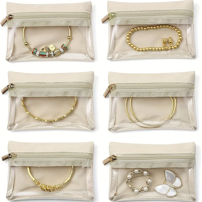 

1 шт. дорожная сумка для хранения ювелирных изделий - прозрачная бархатная сумка на молнии, подходит для ожерелий, браслетов и часов, бежевая ткань