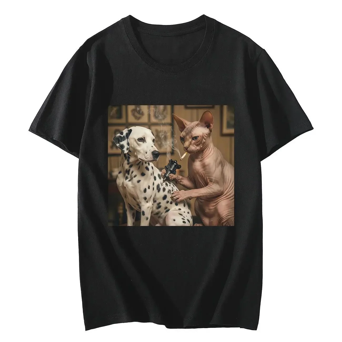 Sphinx Hairless Cat Tattoo Spotted Dog Fun Emoji T-shirt American High Street Trendy Men's and Women's Loose Casual Top