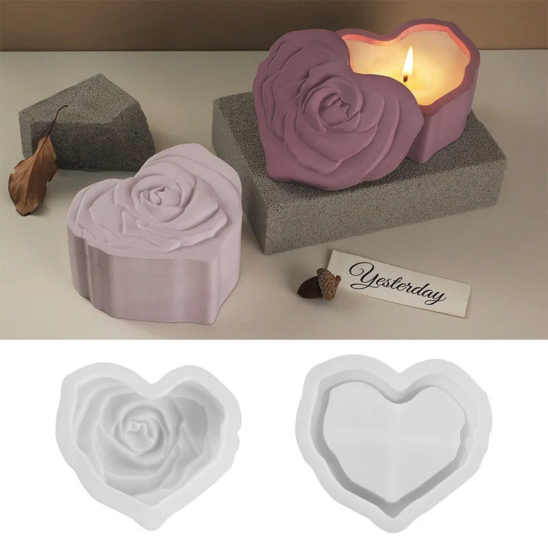 

Heart Rose Silicone Mold with Lid, 3D Flower Cement Plaster Candle Cup Mold, Mirror Finish Storage Jar Making Tool, DIY Crafts