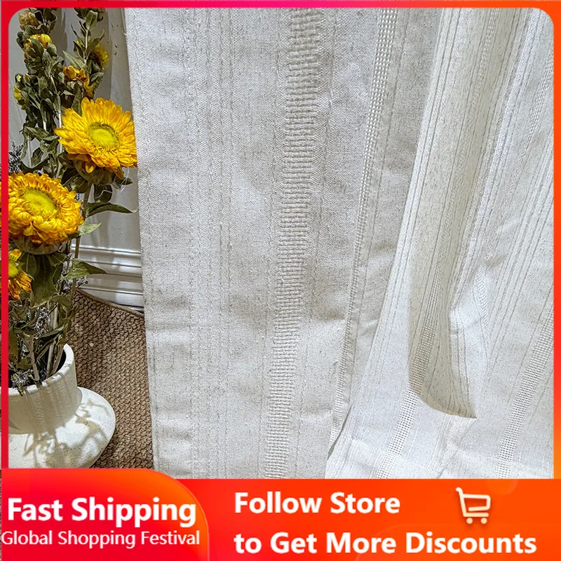 Yibuyisa Living Room Study Gauze Curtain Light-proof and Opaque Hollow Vertical Pattern Linen Texture Westerly Sequence Gauze