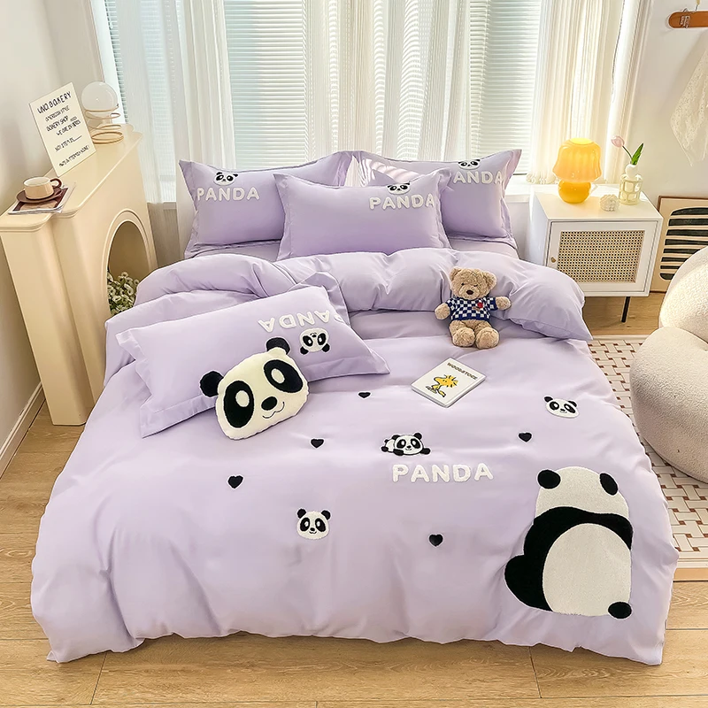 Comforter Sets Ins Style Bedding Set Panda Single Flat Sheet Duvet Cover Pillowcase Purple Towel Embroidery Queen Size Bed Linen