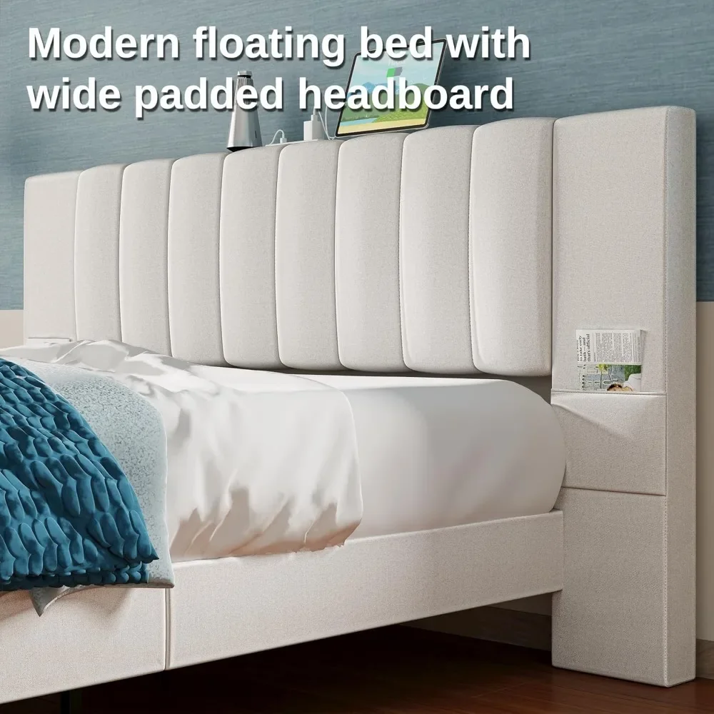 Floating bed frame full size, wide padded headboard, LED lights, charging station, no need for a box spring