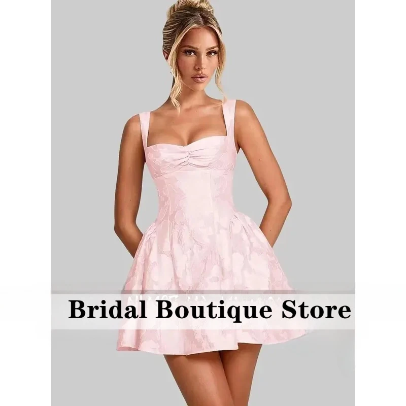 Wide Strap Jacquard Corset Mini Dress Square Ruched Bust A-Line Short Homecoming Gown Party Gowns Cocktail Graduation Dress