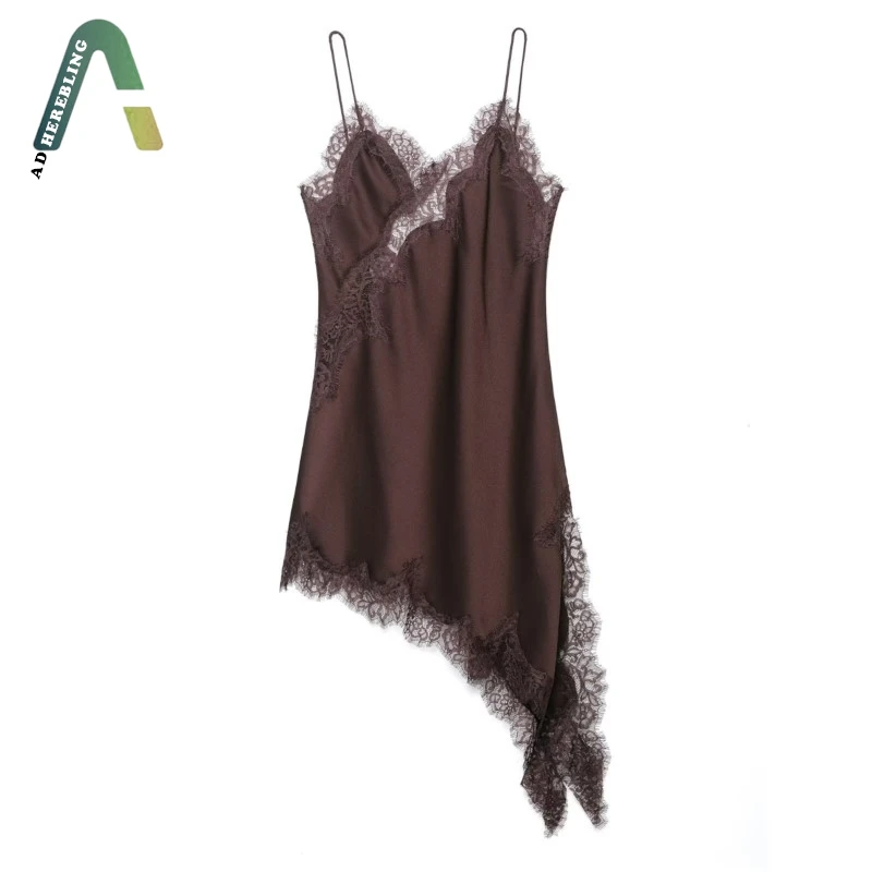 فستان نسائي موضة 2026 من الدانتيل غير المتماثل فستان كاجوال نحيف بياقة على شكل V بدون أكمام فساتين متوسطة الطول باللون الأسود #1