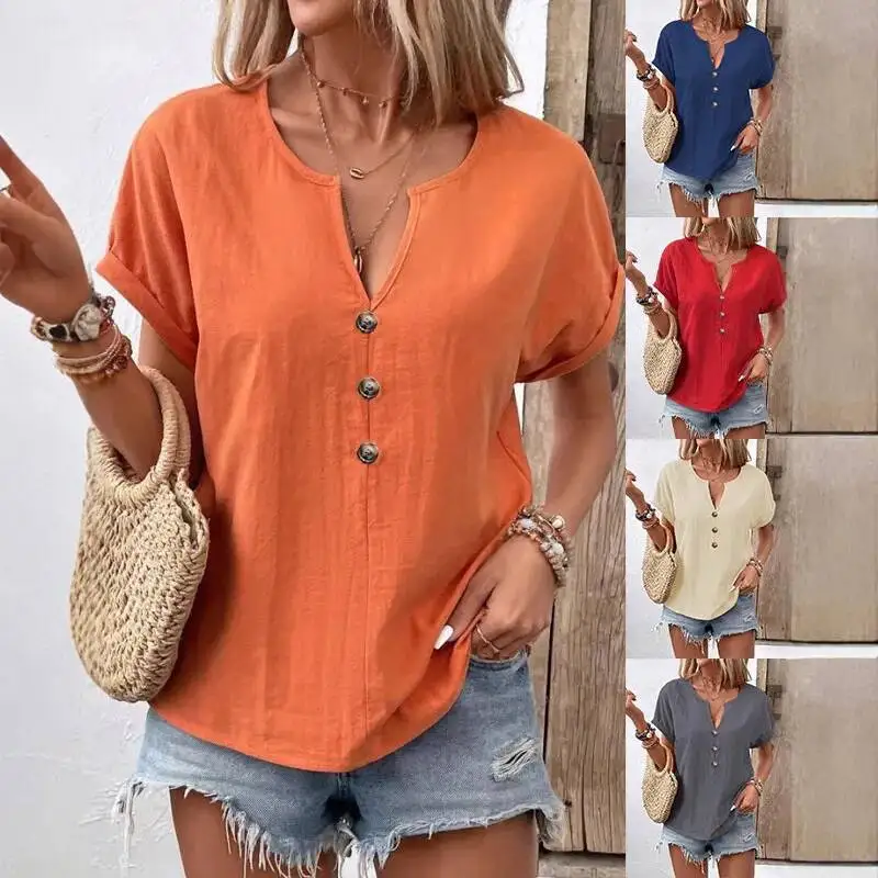 Nieuwe 2025 Vrouwen Shirts V-hals Knoppen Korte Mouw Losse Blouses Effen Kleur Casual Zomer T-shirt Dagelijkse Slijtage Tops Dames