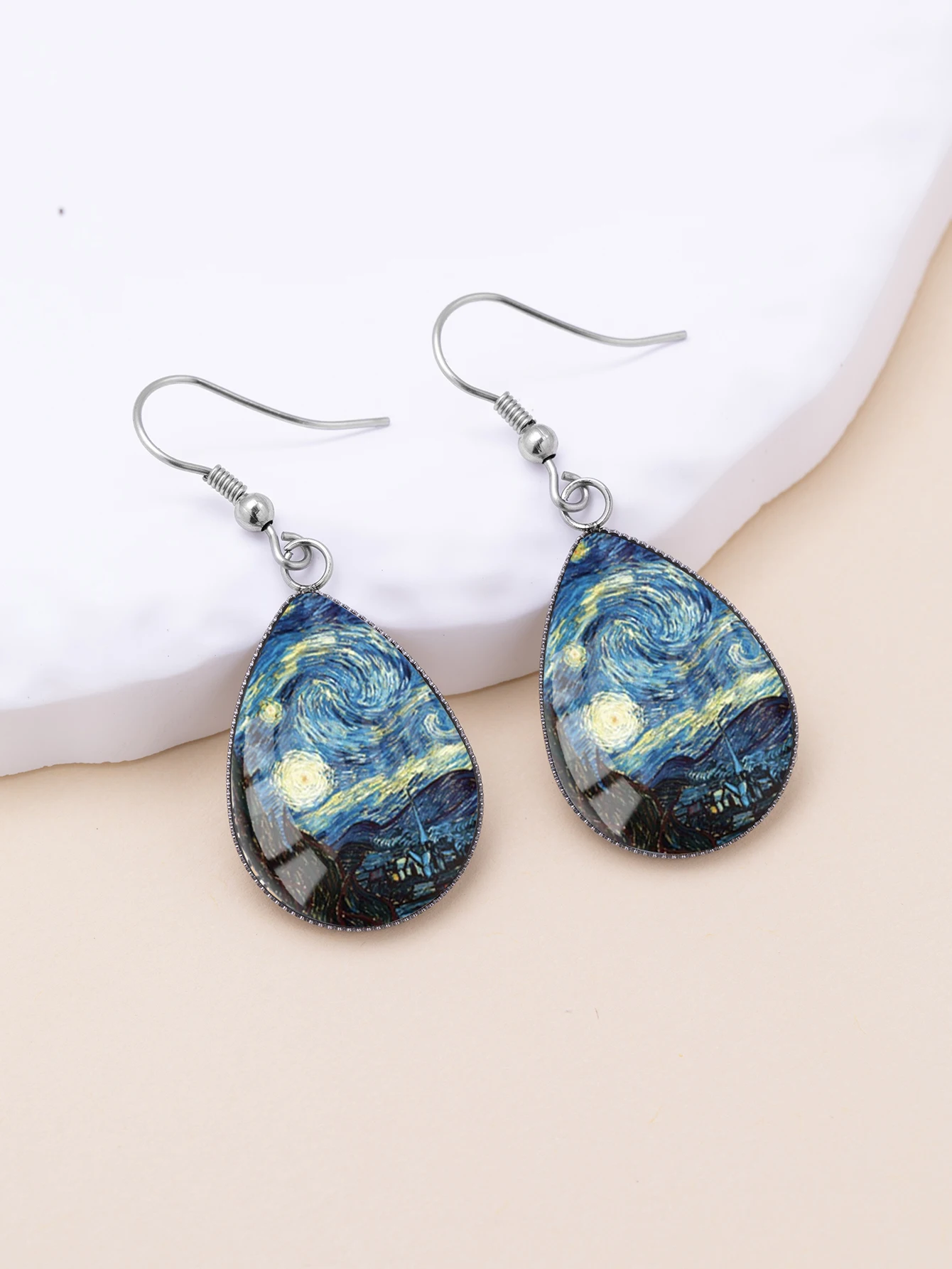 1 Paar blaue Ohrringe mit Van-Gogh-Muster, konvexem Glas und Wassertropfen-Ohrhaken aus 316er Edelstahl, im Vintage- und schlichten Stil, geeignet für Frauen zum täglichen Tragen, im Urlaub oder als