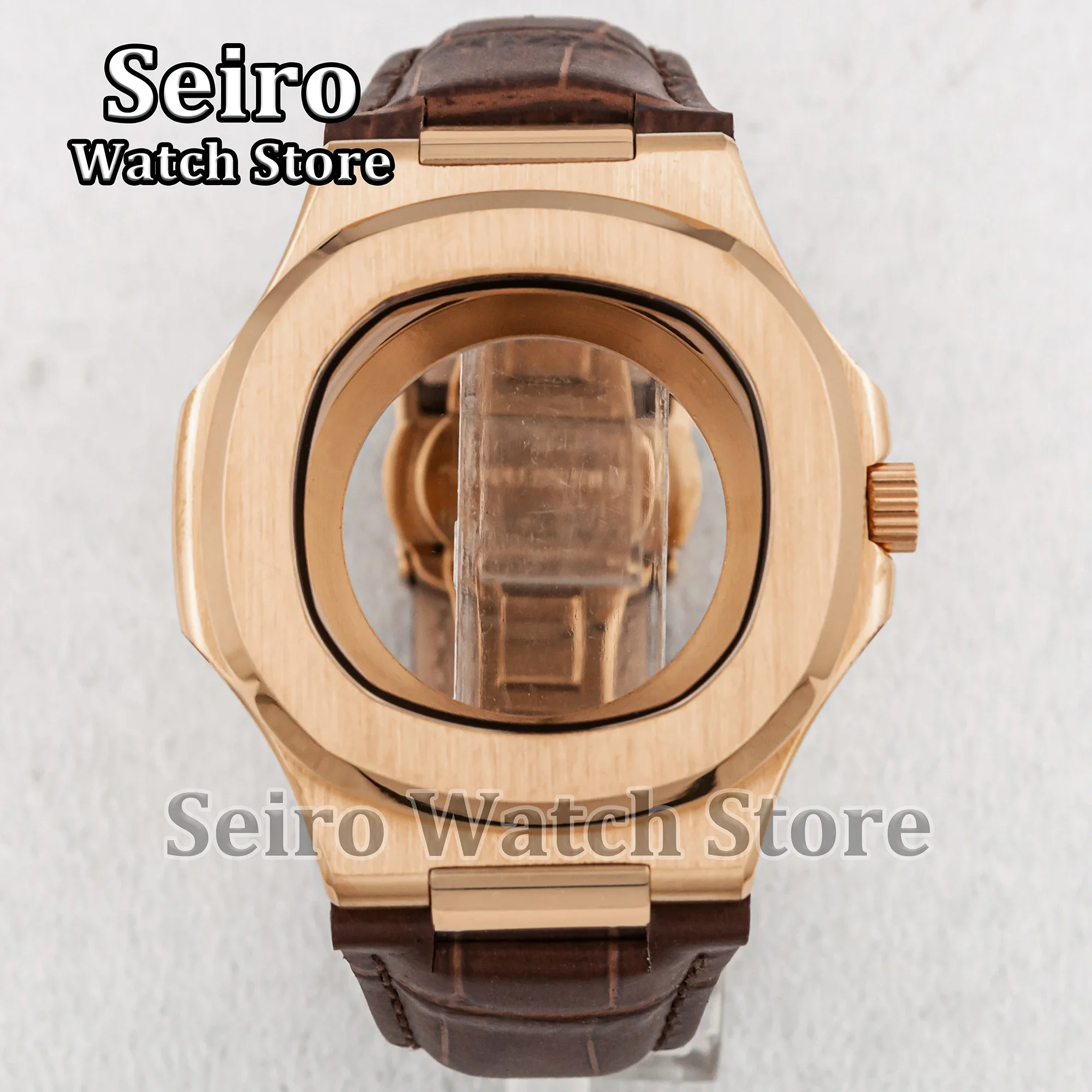 

Rose Gold Nautilus NH35 Case Genuine Leather Strap Stainless Steel 100M Waterproof Sapphire Glass Screw Down Crown NH36 Movement
