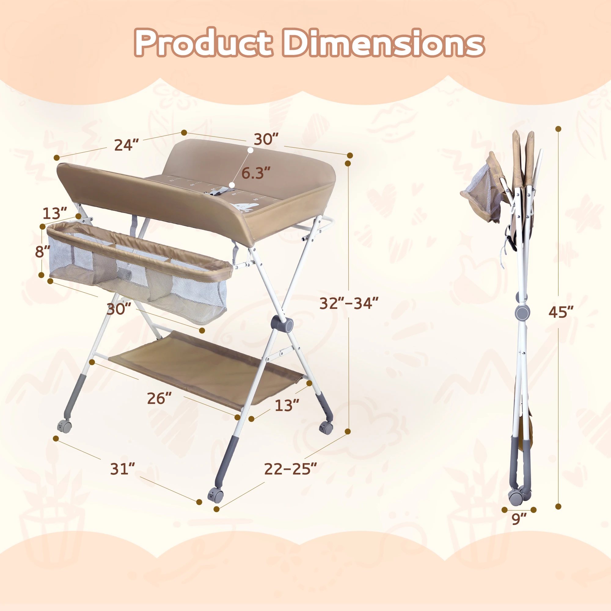 Portable Baby Changing Table with Wheels, Foldable Changing Station, Waterproof Height Adjustable Changing Table