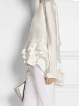 ผู้หญิง PLUS ขนาดเสื้อ Ruffle Elegant Solid Flare Sleeve Ruffle Layered Hem เสื้อ Office Lady ฤดูใบไม้ร่วงรอบคอเสื้อสําหรับสตรี