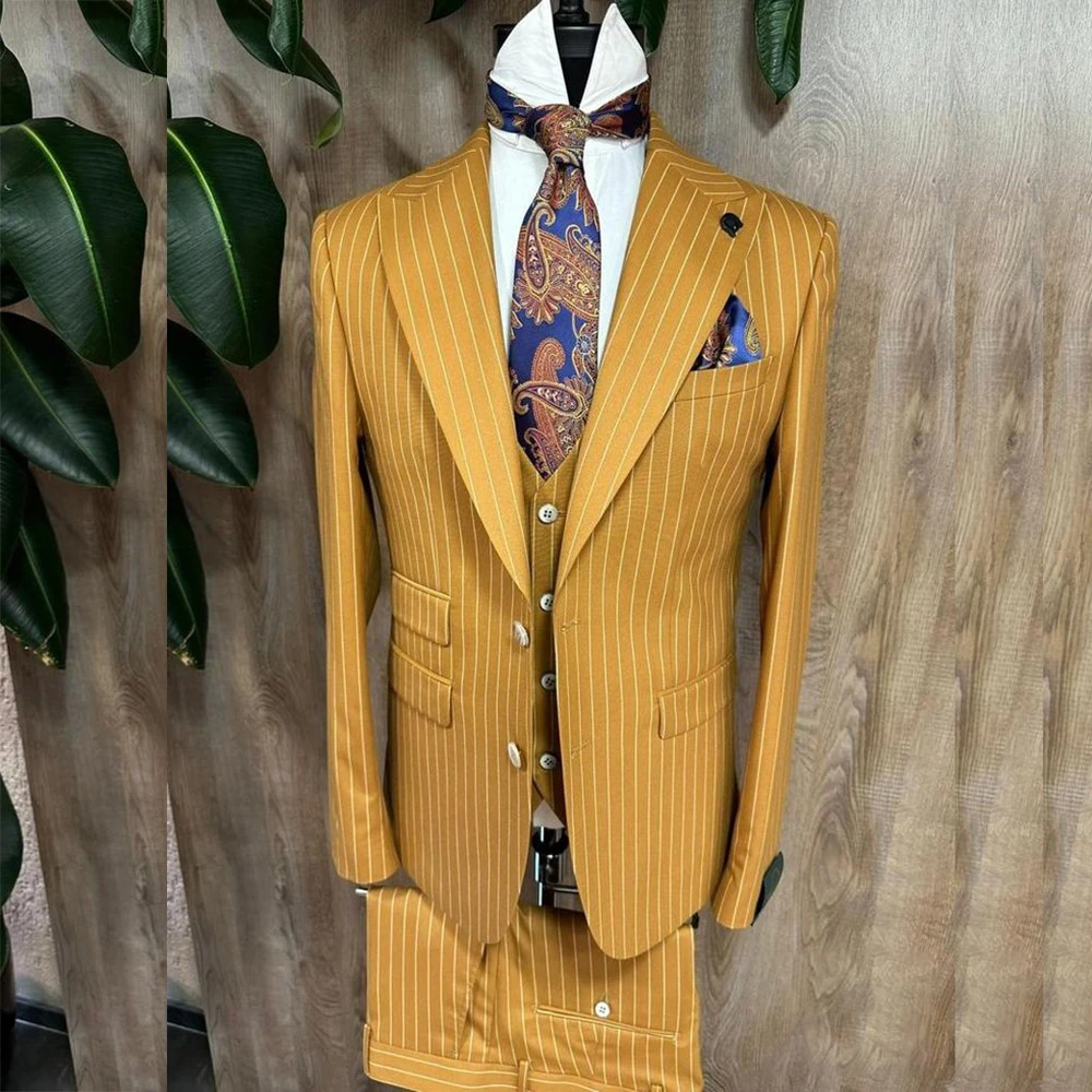 Fashion Yellow Stripe Men Suits Blazer Luxury Wedding Groom Outfits Customized 3 Piece Jacket Pants Vest Full Sets Terno 2025