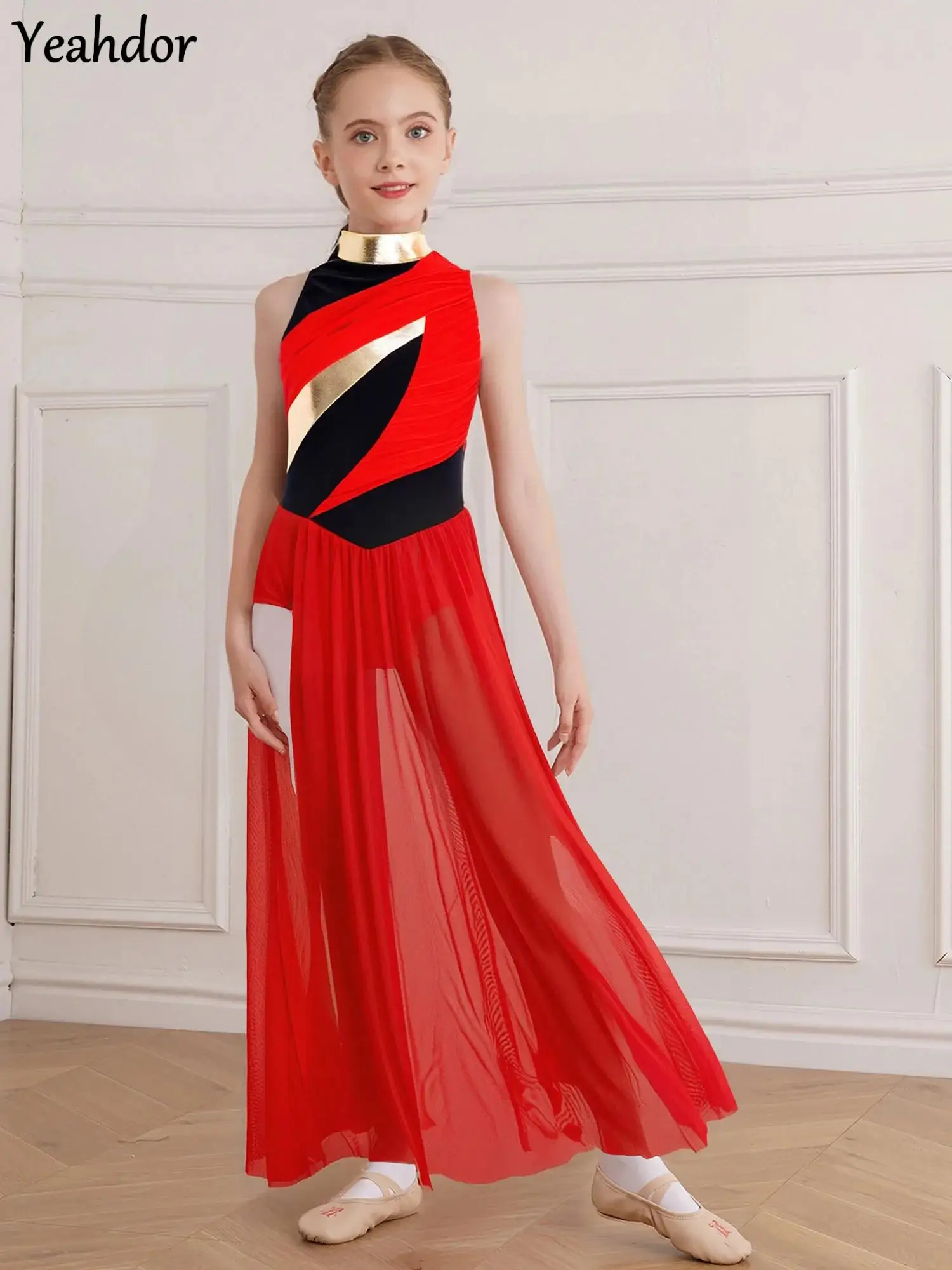 

Girls Color Block Lyrical Dance Leotard Dress Sleeveless Ruched Mesh Split Skating Gymnastics Modern Contemporary Dance Costume