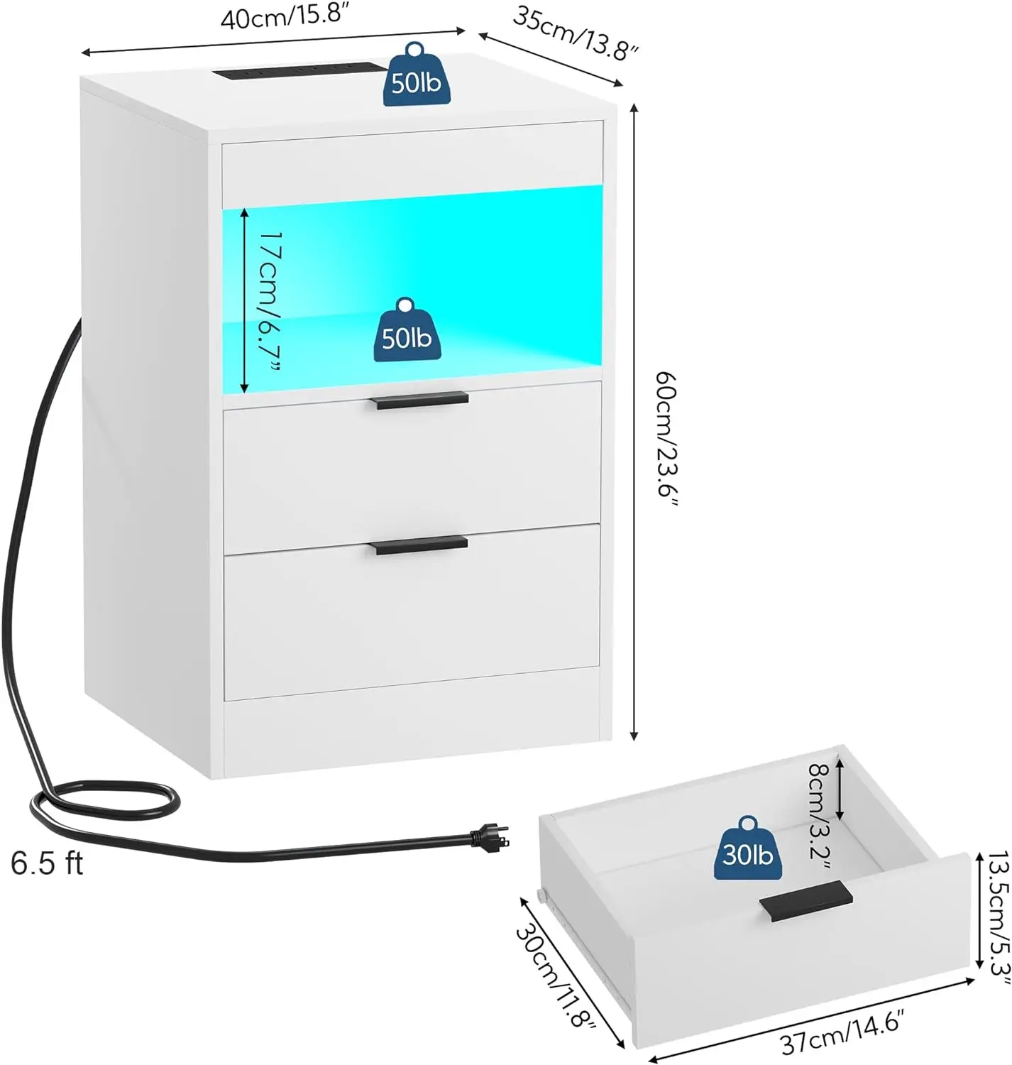 

LED Nightstand Bedside Table with Charging Station 2 Drawers, White Modern Sofa Couch End Side Table with LED Lights