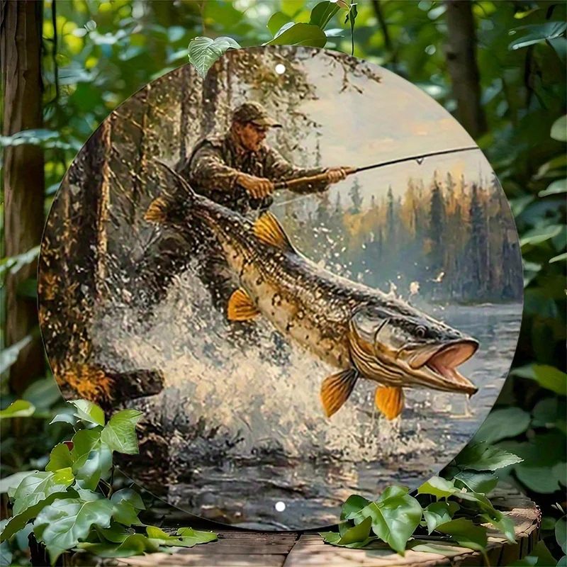 1pc Rustic Fisherman Round Aluminum Sign - Big Fish River Forest Wall Art, Vibrant Metal Decor for Home, Garage, Dining Room, or
