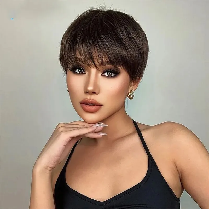 4 Dark Brown Short Pixie Cut Wig Human Hair Full Machine  display picture 1