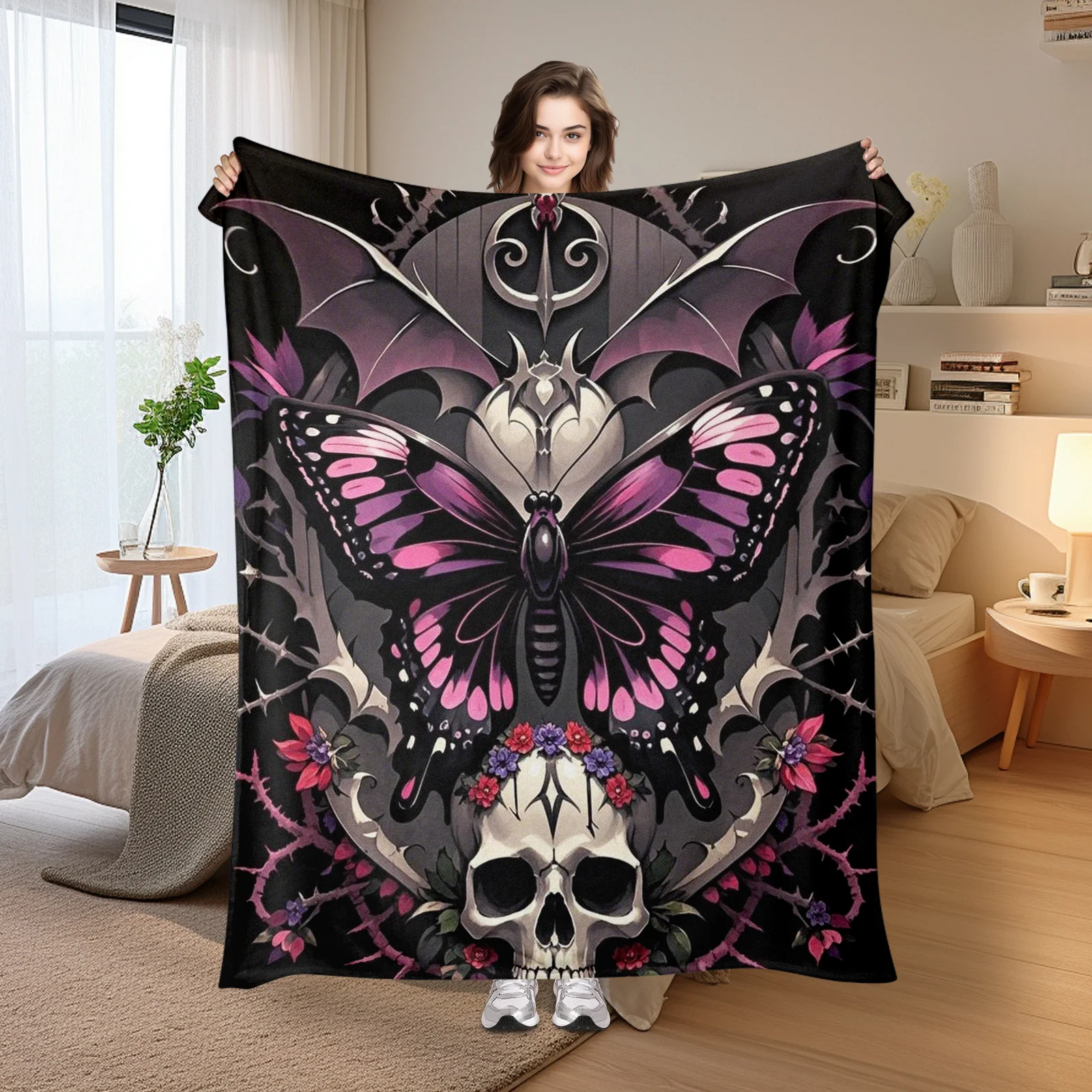 Butterfly Rune Thorn Floral Skull Design Warm Throw Blanket For Gothic Home Decor Or Unique Outdoor Relaxation Comfort