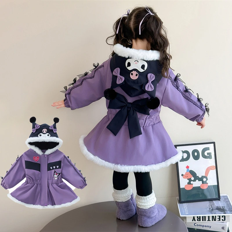 

Детское теплое пальто Kuromi в стиле аниме, толстая куртка, пальто в стиле Лолиты, зимняя одежда для девочек на флисовой подкладке, милые топы с капюшоном, подарок