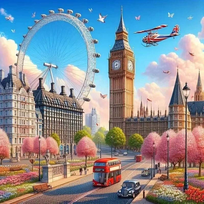 Rahmenloses, Neues Diamant-Mosaik-Kunstwerk London Eye Stadtlandschaft DIY 5D Voll-Diamant-Malerei-Set Handgefertigte Heimdekoration
