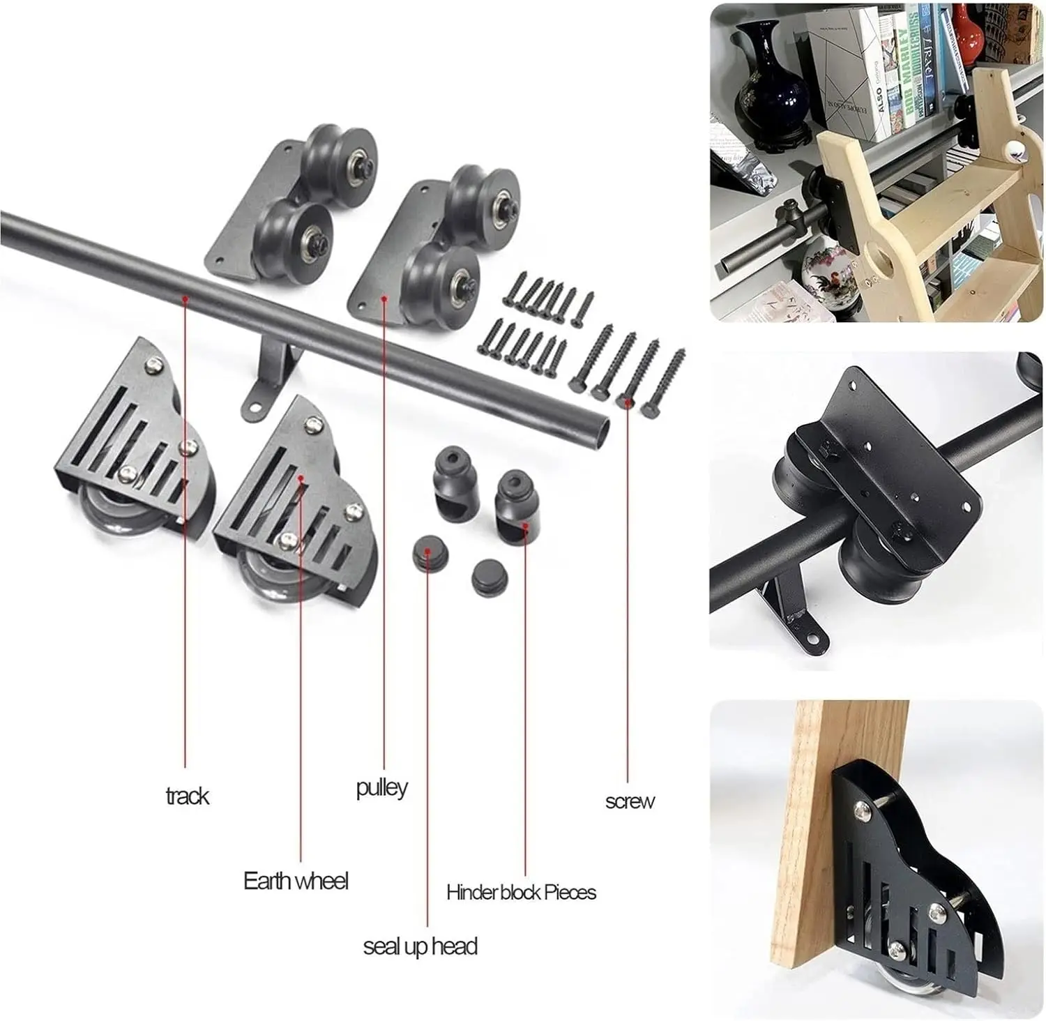 Sliding Barn Door Hardware Kit (No Ladder), Rolling Ladder Hardware Library With Floor Rollers +Extension Track For