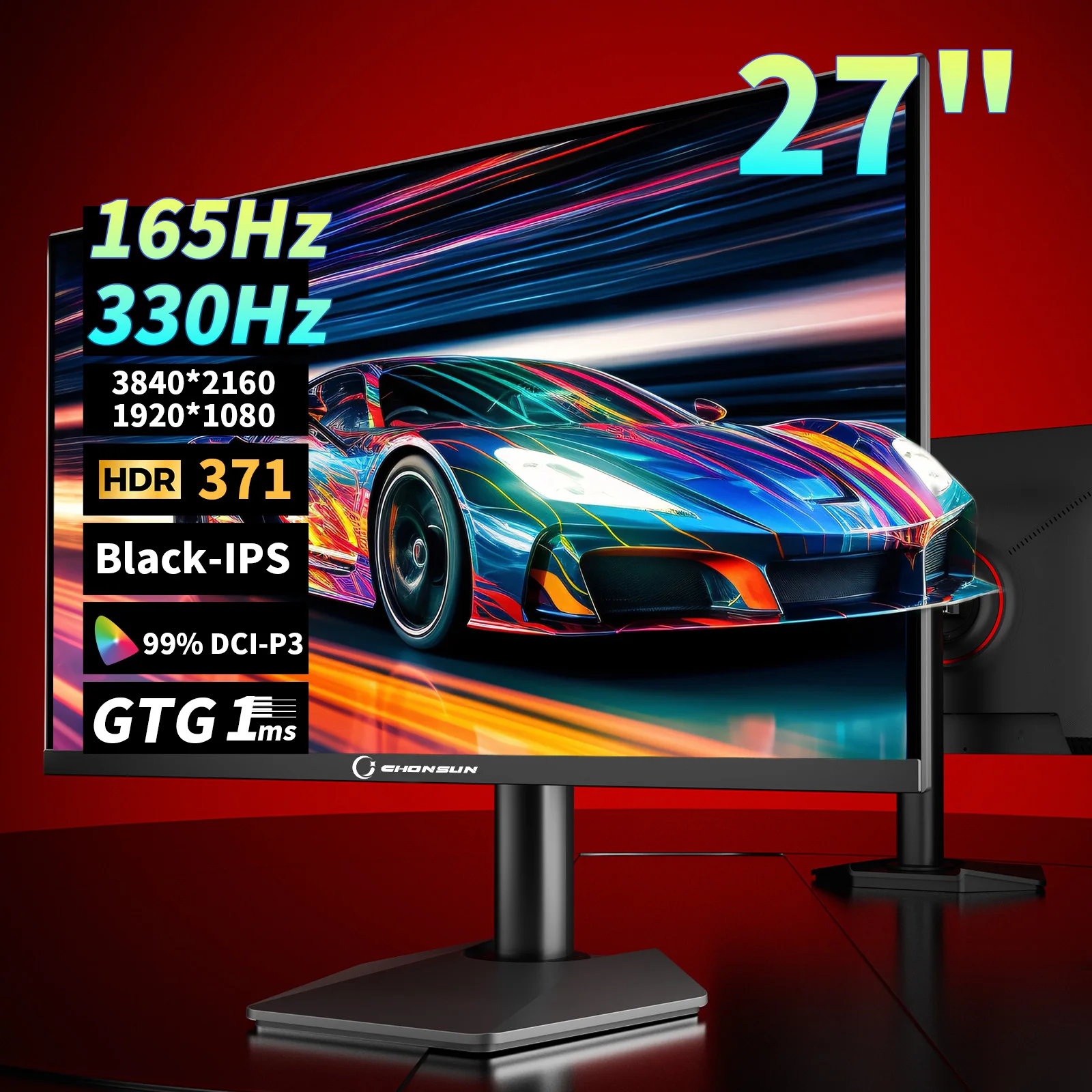 

CHONSUN CS27U-4K165HZ/1K330HZ (Dual Mode) 27" Gaming Monitor with Fast-IPS, 4K, HDR371, G-Sync, FreeSync