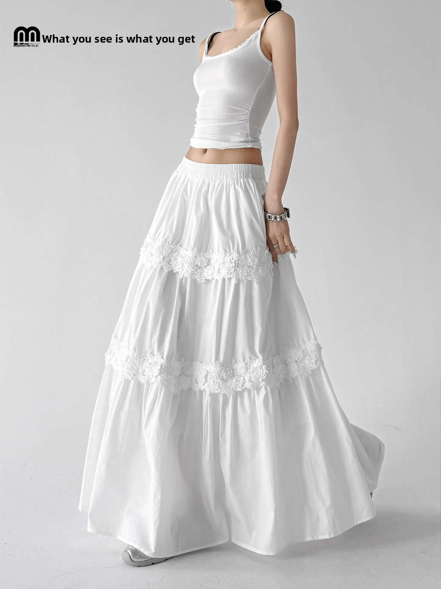 

Белая женская летняя юбка А-силуэта с кружевной отделкой, многоярусная, утягивающая, с завышенной талией, из полиэстера, новинка 2026 года