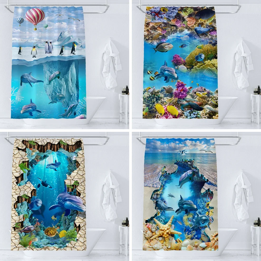 

Океан Подводный мир Занавеска для душа Дельфин Черепаха Милый творческий индивидуальный принт Полиэстер Занавеска для ванной комнаты Декор с крючками