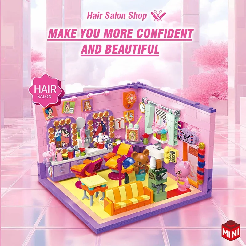 漫画風クマのレコード店ビルディングブロックセット、都市ストリートビューDIYサロン、コーヒーショップ、モダンシーンモデル、マイクロブリックおもちゃギフト