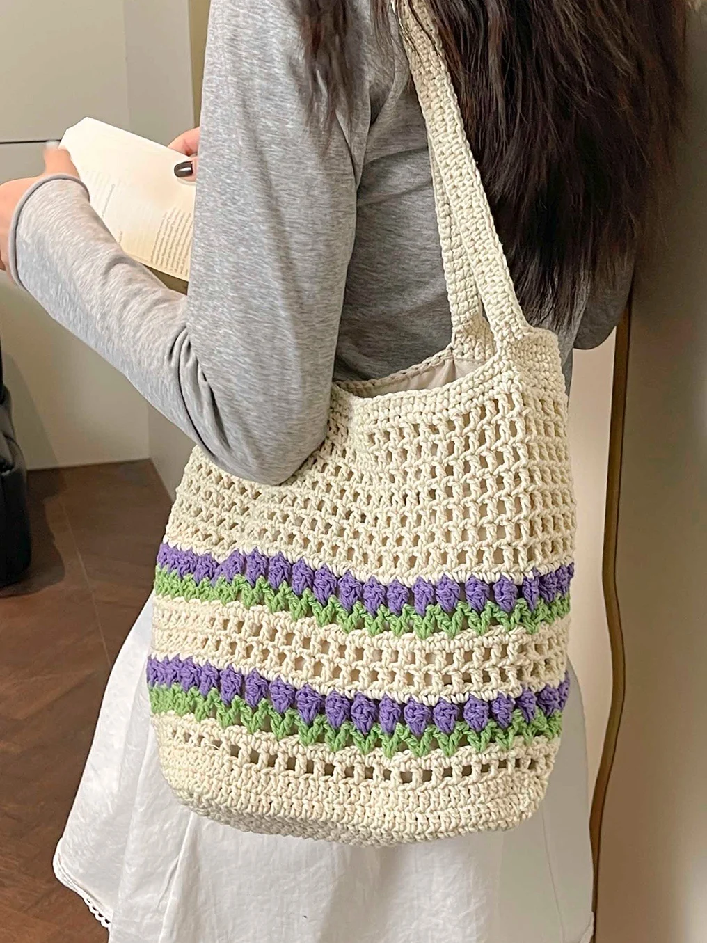 

Large Capacity Straw Woven Tulip Flower Women's Shoulder Beach Bag Spring Summer New Style Soft Handbag Tote Bag Shopping Bag