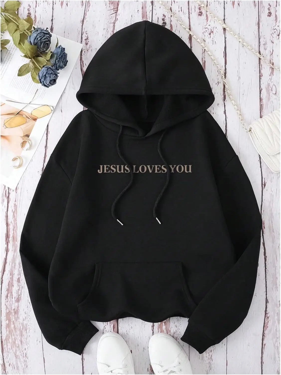 Men's 'Jesus Loves You' Graphic Hoodie - Long-Sleeve Pullover, Street Style for Fall and Winter, Design Inspired by Faith