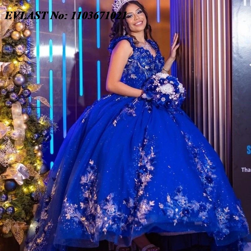 EVLAST-Vestido de Baile Quinceanera Azul Royal, Applique Floral 3D, Espartilho Beading, Sweet 16, XV 15, 15 Anos, SQ37