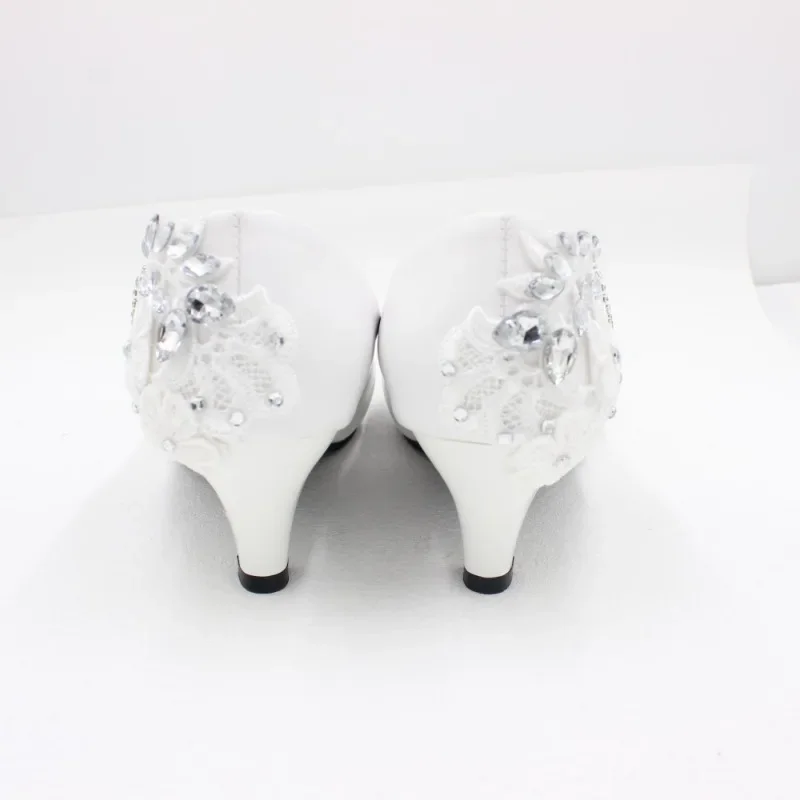 Sexy Pumps Women Wedding PU 3 5 8CM Thin Heels Fashion Water Diamond Flower Shallow Lace Women Party Mule Shoes White