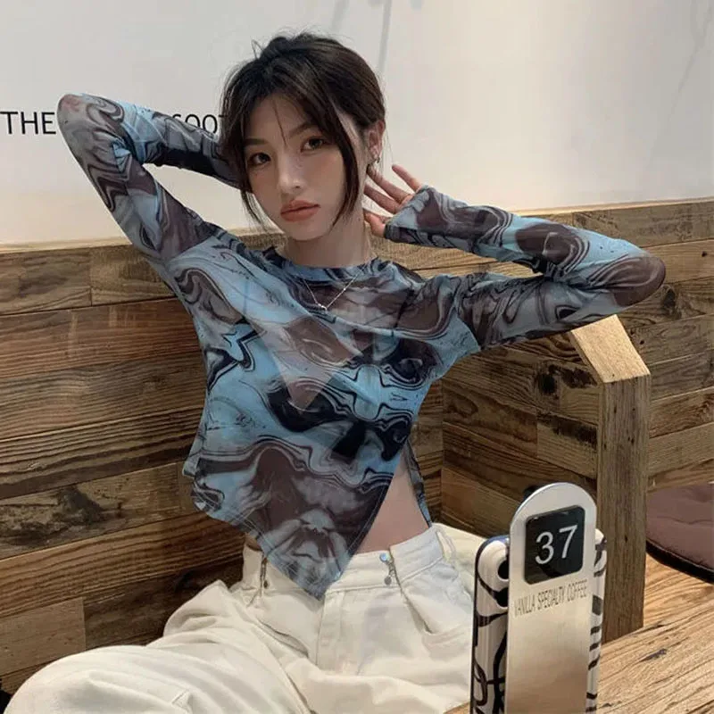 Vintage Tie Dye Print Y2k Crop Tops Woman Summer Fashion Irregular Side Split T-shirt Women Sunscreen Long Sleeve Cropped Tee