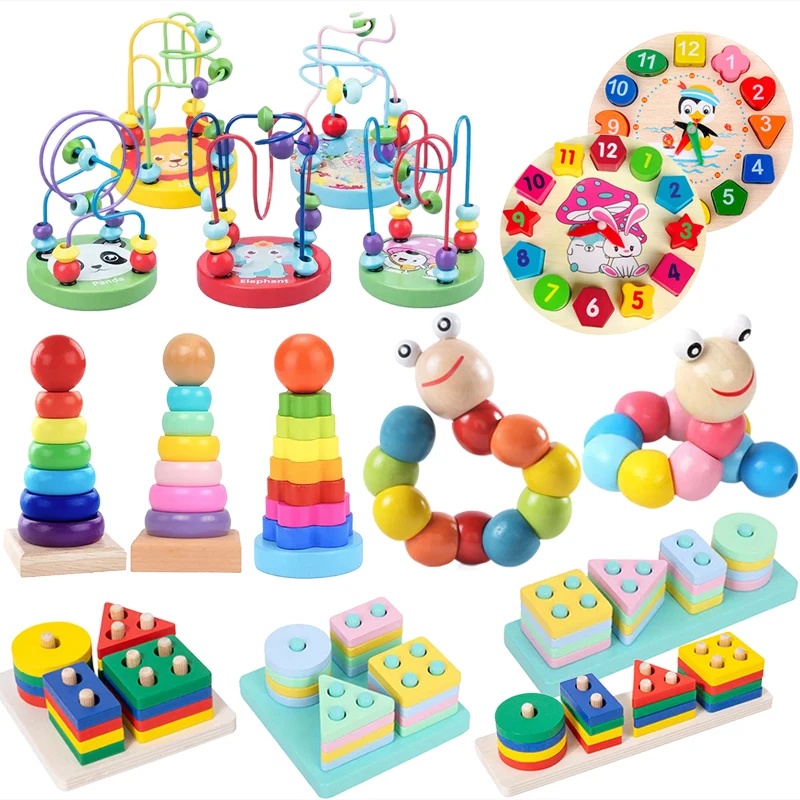 Детские деревянные игрушки, детские игрушки Монтессори для раннего образования, часы, Радужная башня, гусеница вокруг бусин, соответствующая форме TMZ