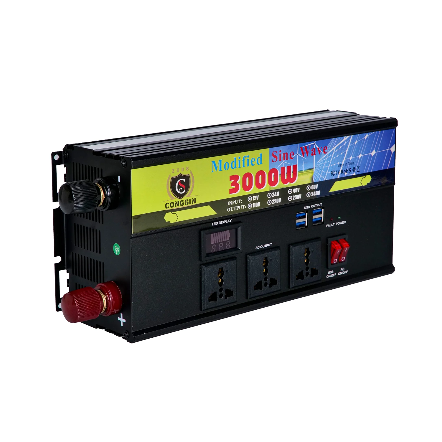 

Off Grid Aluminium 3000W Inverters & Converters 12V/24V 110V/220V Frequency Inverter With LED Display