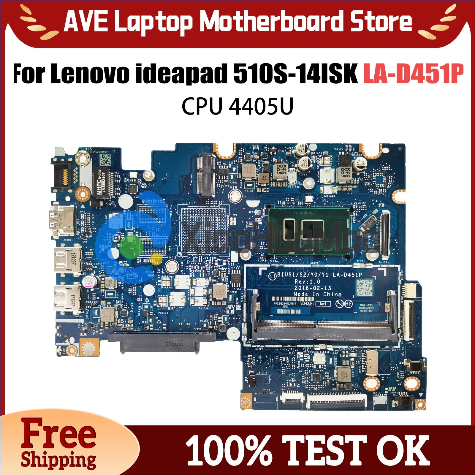 LA-D451P Mainboard UNTUK Lenovo ideapad 510S-14ISK 310S-14ISK Motherboard Laptop BIUS1/S2/Y0/Y1 dengan CPU 4405U tes kerja