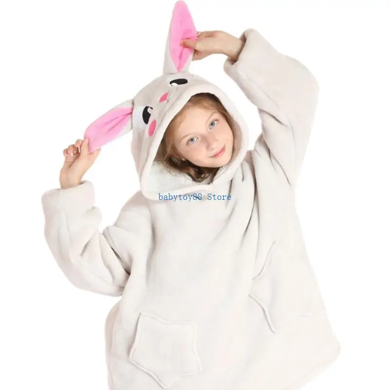 Y4UD Kids Boys Girls Wearable Hoodie Blanket Cartoon Animal Winter Warm Faux Fleece Pullover Sleeves Sweatshirt Towel