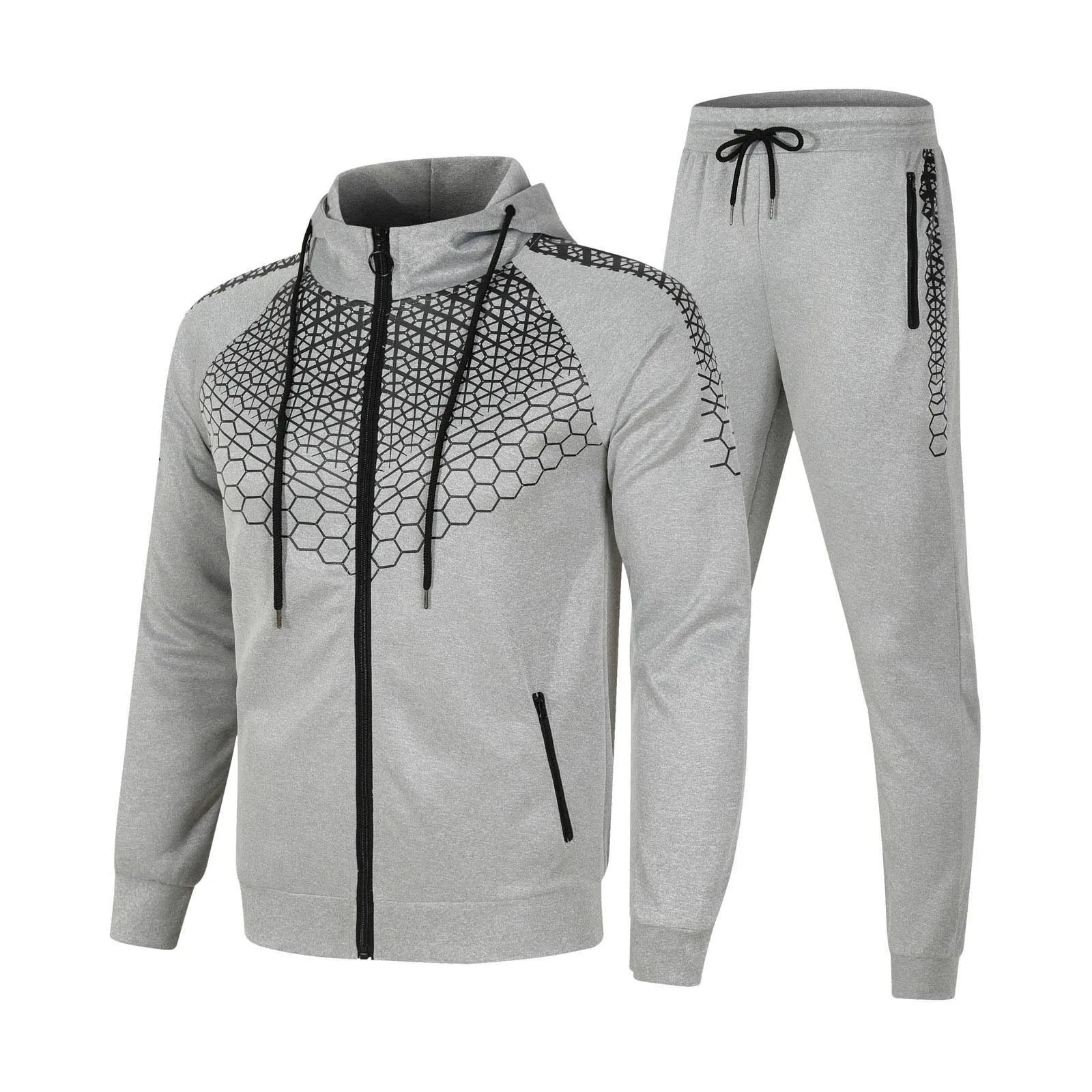 Men Sportswear Set Mens Tracksuit Fitness Clothing Zipper Hooded Sweatshirt Sport Set Two Pieces Long Sleeve Jacket + Pants