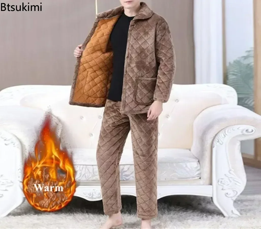 Winter New Men\'s Three-layer Thickened Pajama Set Cozy Coral Fleece Warm Home Cotton-padded Two Pieces Men Lounge Sleepwear Suit