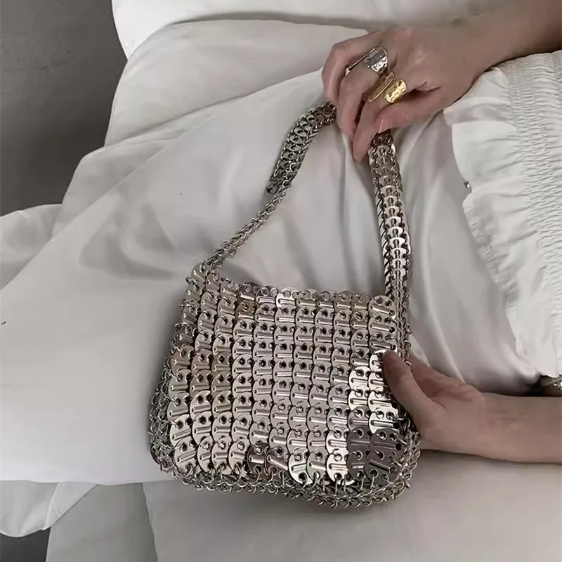 Torba damska designerska torebka ręcznie robiona metalowa srebrna cekinowa tkana pusta torba z grubej bawełny torba wieczorowa kopertówka podróżna wakacyjna torebka damska